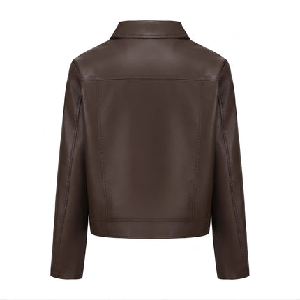 Women's cropped faux leather zip front jacket collar, seams, modeling and product close-up 5