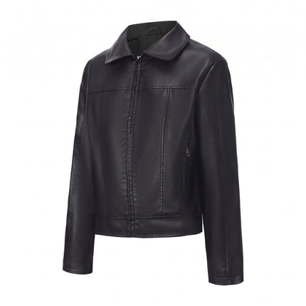 Women's cropped faux leather zip front jacket collar, seams, modeling and product close-up 7