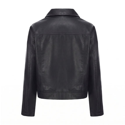 Women's cropped faux leather zip front jacket collar, seams, modeling and product close-up 8