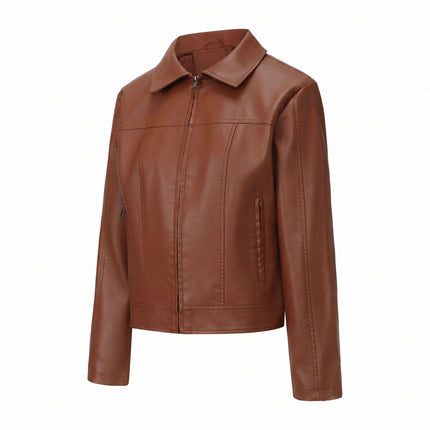 Women's cropped faux leather zip front jacket collar, seams, modeling and product close-up 10