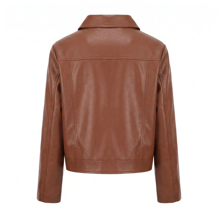 Women's cropped faux leather zip front jacket collar, seams, modeling and product close-up 11