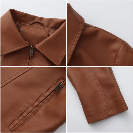 Women's cropped faux leather zip front jacket collar, seams, modeling and product close-up 12