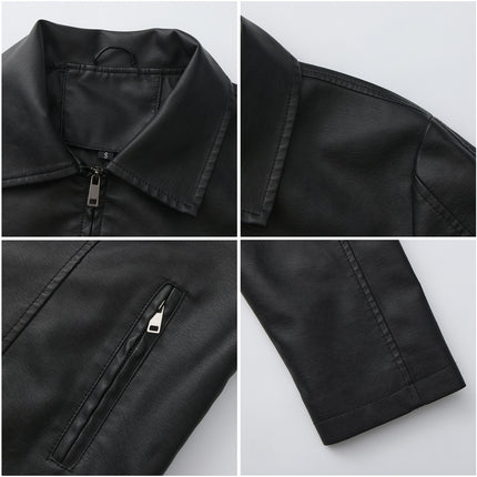 Women's cropped faux leather zip front jacket collar, seams, modeling and product close-up 14