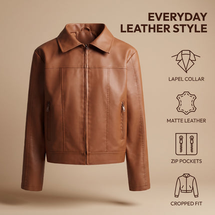 Women's cropped faux leather jacket back, fit and leather-look fabric detail 19
