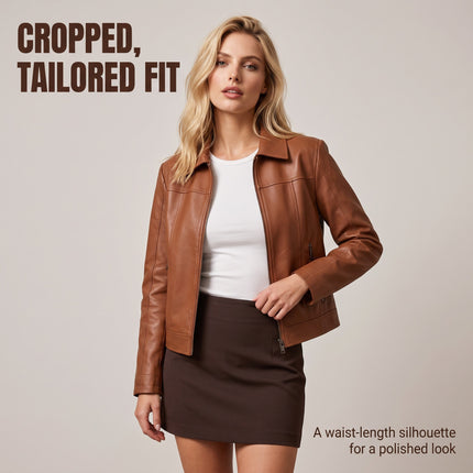 Women's cropped faux leather jacket back, fit and leather-look fabric detail 20