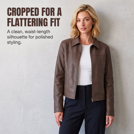 Women's cropped faux leather jacket back, fit and leather-look fabric detail 21