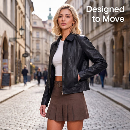 Women's cropped faux leather jacket back, fit and leather-look fabric detail 25
