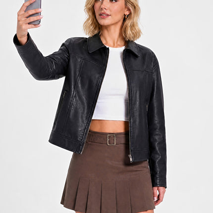 Women's cropped faux leather shirt-collar jacket, main-01 original product photo