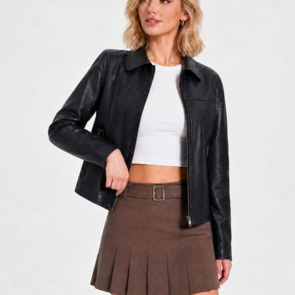 Women's cropped faux leather shirt-collar jacket, main-02 original product photo