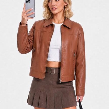 Women's cropped faux leather shirt-collar jacket, main-04 original product photo