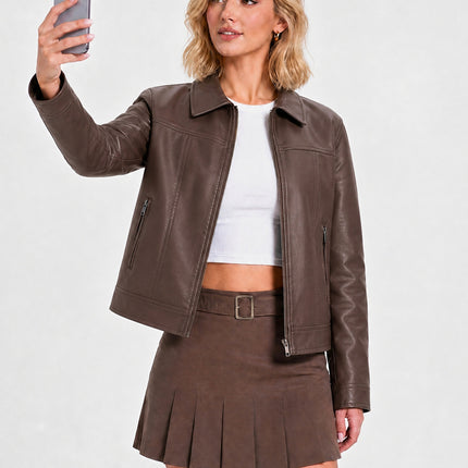 Women's cropped faux leather shirt-collar jacket, main-05 original product photo