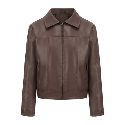 Women's cropped faux leather shirt-collar jacket, main-07 original product photo