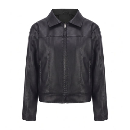 Women's cropped faux leather shirt-collar jacket, sku-01 original product photo