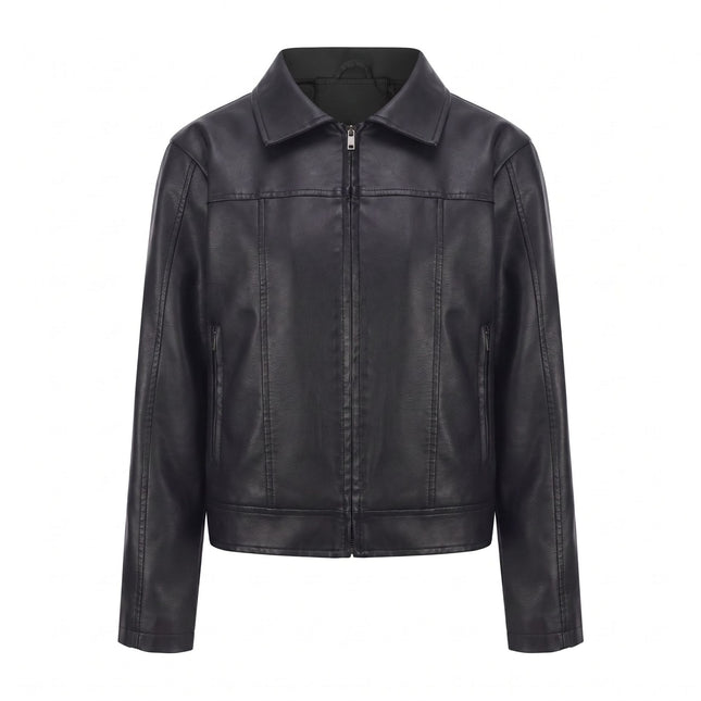 Women's cropped faux leather shirt-collar jacket, sku-01 original product photo