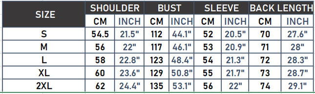 Women's oversized faux leather bomber jacket garment size chart in centimeters and inches, S through 2XL