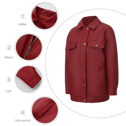 Women's burgundy faux leather jacket, shirt collar zipper cuff and flap chest pocket details
