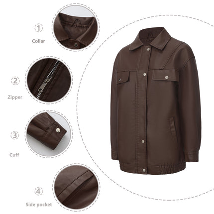 Coffee brown PU faux leather utility jacket with collar zipper and snap pockets closeups
