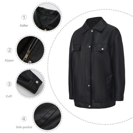 Black oversized PU leather-look utility jacket close-up of collar, zipper and cuff
