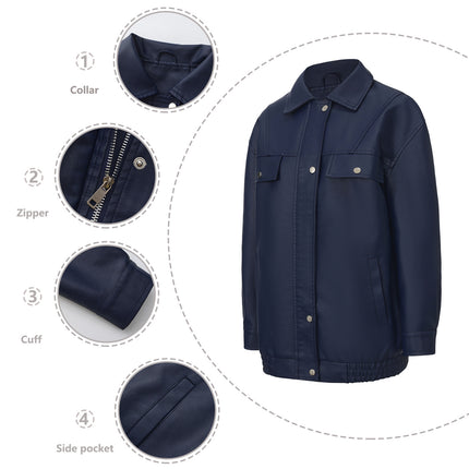 Navy blue faux leather bomber utility jacket close-up of collar, zipper and pocket details