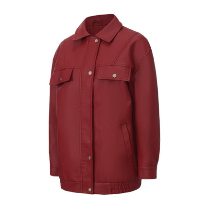 Women's oversized faux leather zip-up bomber utility jacket, original detail photo 11