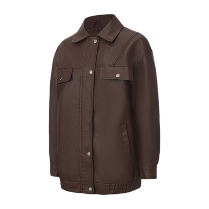 Women's oversized faux leather zip-up bomber utility jacket, original detail photo 14