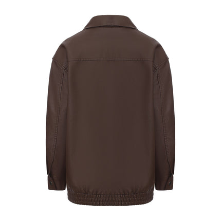Women's oversized faux leather zip-up bomber utility jacket, original detail photo 15