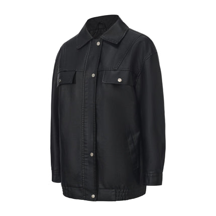 Women's oversized faux leather zip-up bomber utility jacket, original detail photo 17