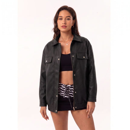 Women's oversized faux leather zip-up bomber utility jacket, original detail photo 23