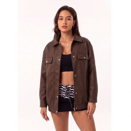 Women's oversized faux leather zip-up bomber utility jacket, original detail photo 24