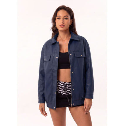 Women's oversized faux leather zip-up bomber utility jacket, original detail photo 25