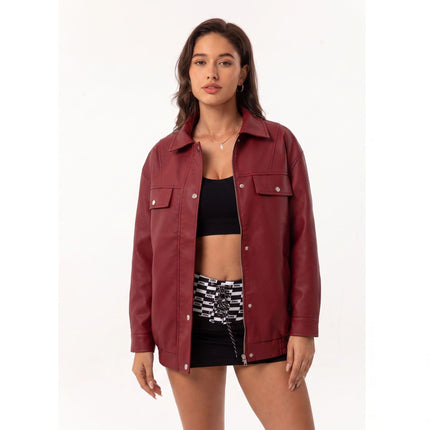 Women's oversized faux leather zip-up bomber utility jacket, original detail photo 26
