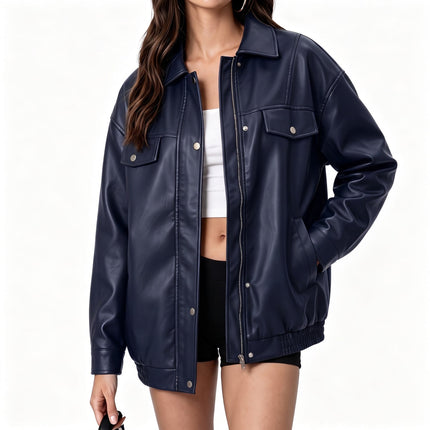 Women's oversized faux leather zip-up bomber utility jacket, original detail photo 27