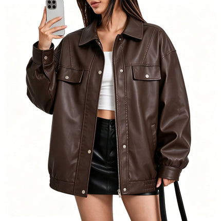 Women's oversized faux leather zip-up bomber utility jacket, original detail photo 28
