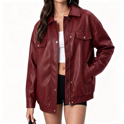 Women's oversized faux leather zip-up bomber utility jacket, original detail photo 31