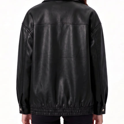 Women's black relaxed faux leather utility jacket back view