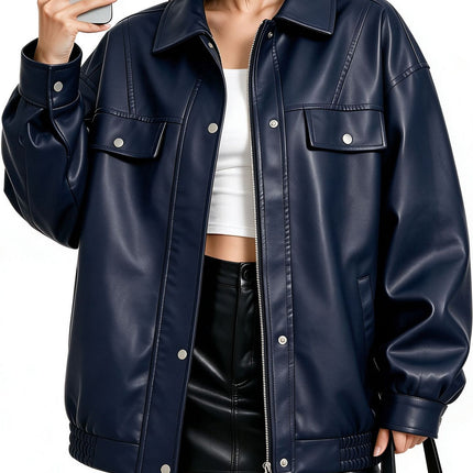 Woman modeling navy blue relaxed-fit faux leather utility jacket