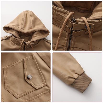 Women's hooded PU faux leather biker jacket product details and modeling photo 3