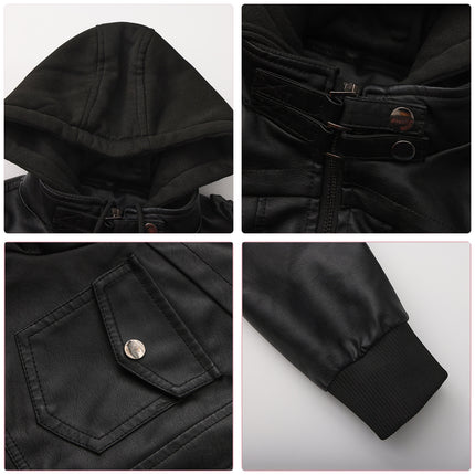 Women's hooded PU faux leather biker jacket product details and modeling photo 4