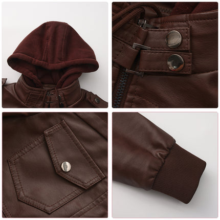 Women's hooded PU faux leather biker jacket product details and modeling photo 5