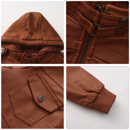 Women's hooded PU faux leather biker jacket product details and modeling photo 6