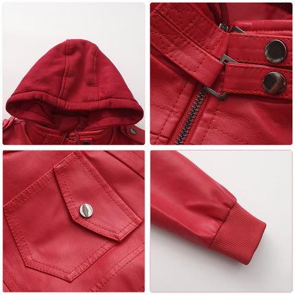 Women's hooded PU faux leather biker jacket product details and modeling photo 7