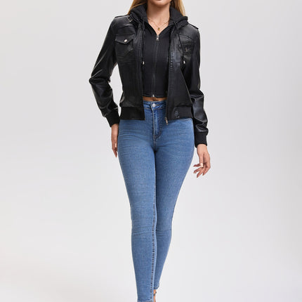 Women's hooded PU faux leather biker jacket product details and modeling photo 8