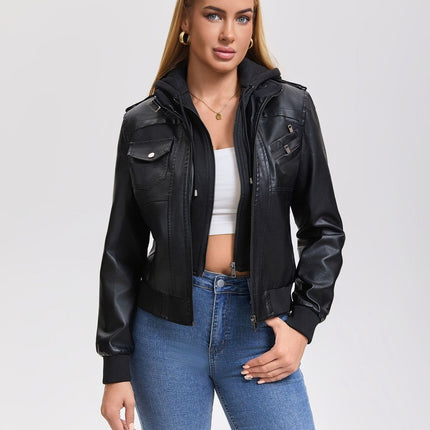 Women's hooded PU faux leather biker jacket product details and modeling photo 9