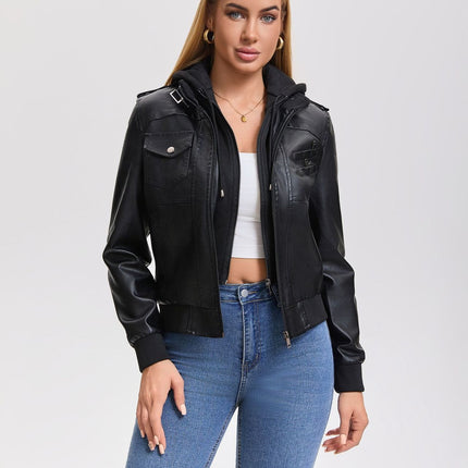 Women's hooded PU faux leather biker jacket product details and modeling photo 10