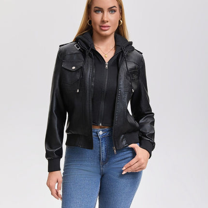 Women's hooded PU faux leather biker jacket product details and modeling photo 11