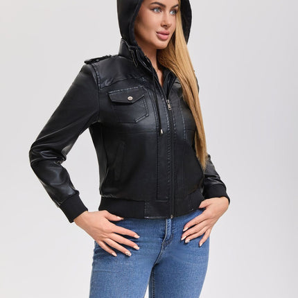 Women's hooded PU faux leather biker jacket product details and modeling photo 12