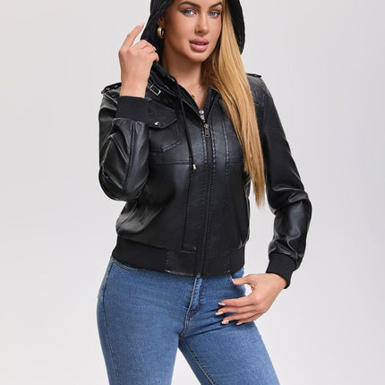 Women's hooded PU faux leather biker jacket product details and modeling photo 13