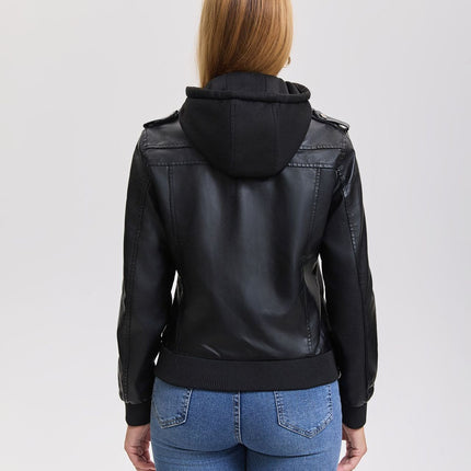 Women's hooded PU faux leather biker jacket product details and modeling photo 14