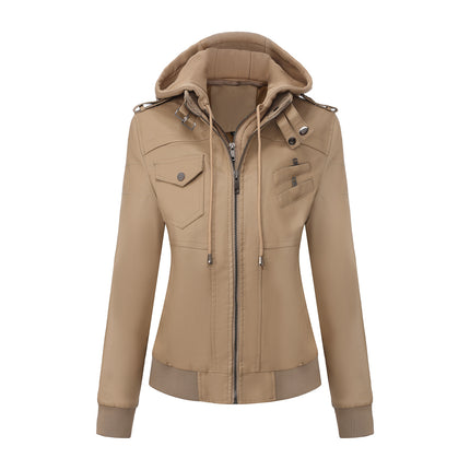Women's hooded PU faux leather biker jacket modeling and design details 16