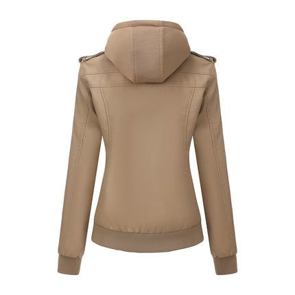 Women's hooded PU faux leather biker jacket modeling and design details 17